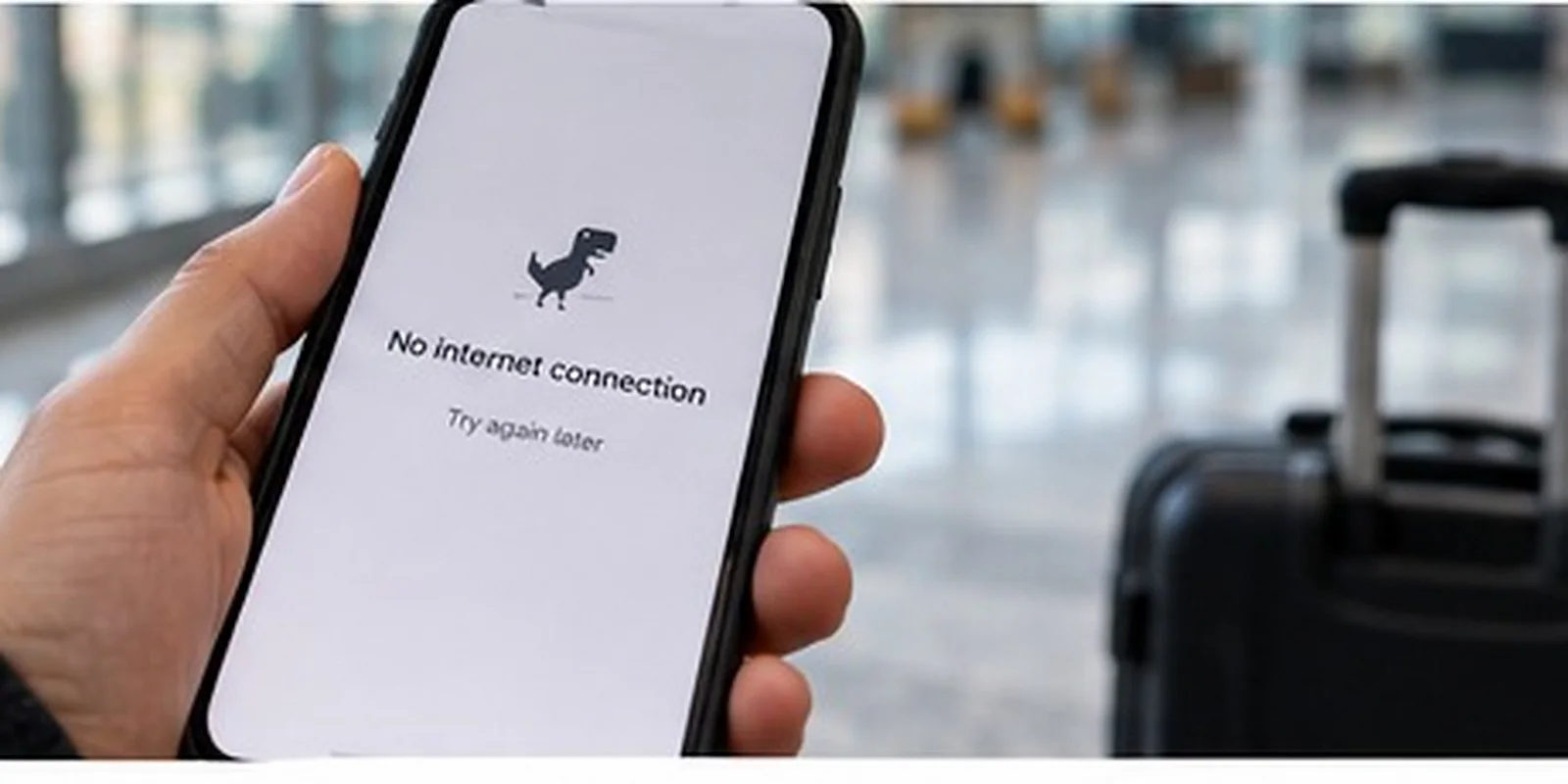 A traveler holding a phone with no internet connection beside a suitcase.