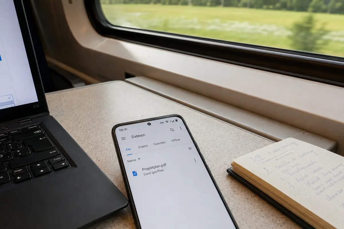 Eine geöffnete Arbeitsdatei auf einem 5G-Smartphone während einer Zugfahrt
