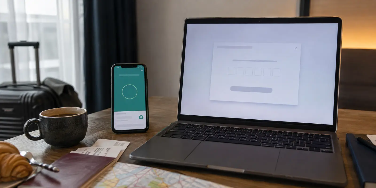 Dans un hôtel, le téléphone est déjà connecté tandis que l’ordinateur attend encore un code de vérification.