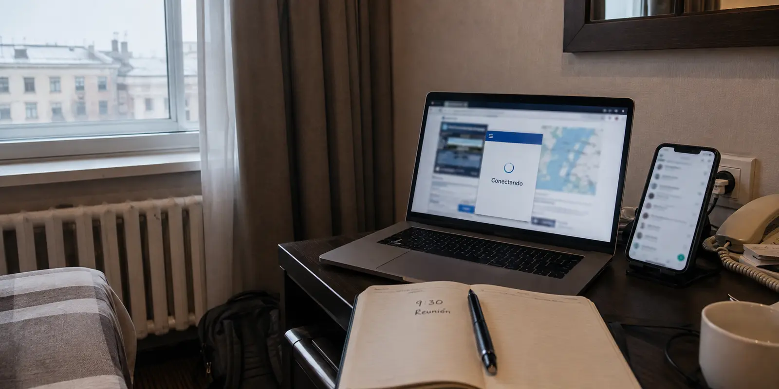 Portátil en un hotel de San Petersburgo con la conexión VPN detenida en Conectando