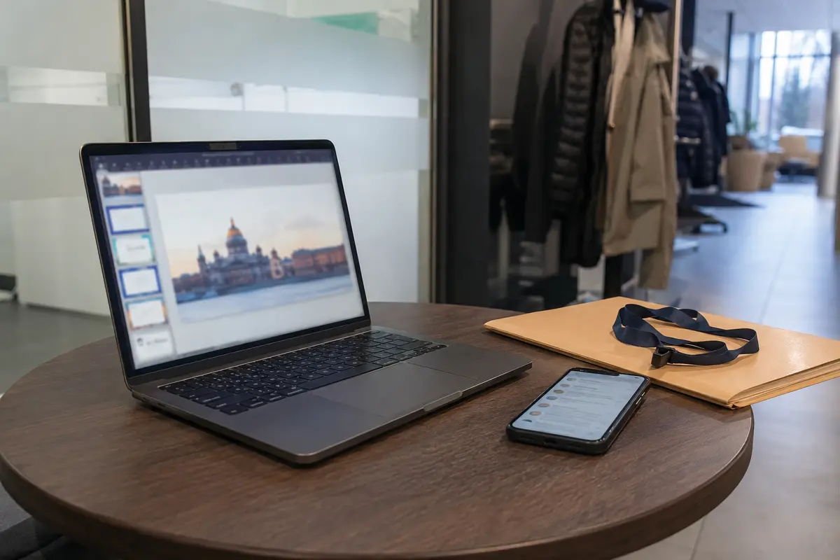 Portátil y teléfono con los archivos y mensajes ya disponibles junto a una sala de reuniones