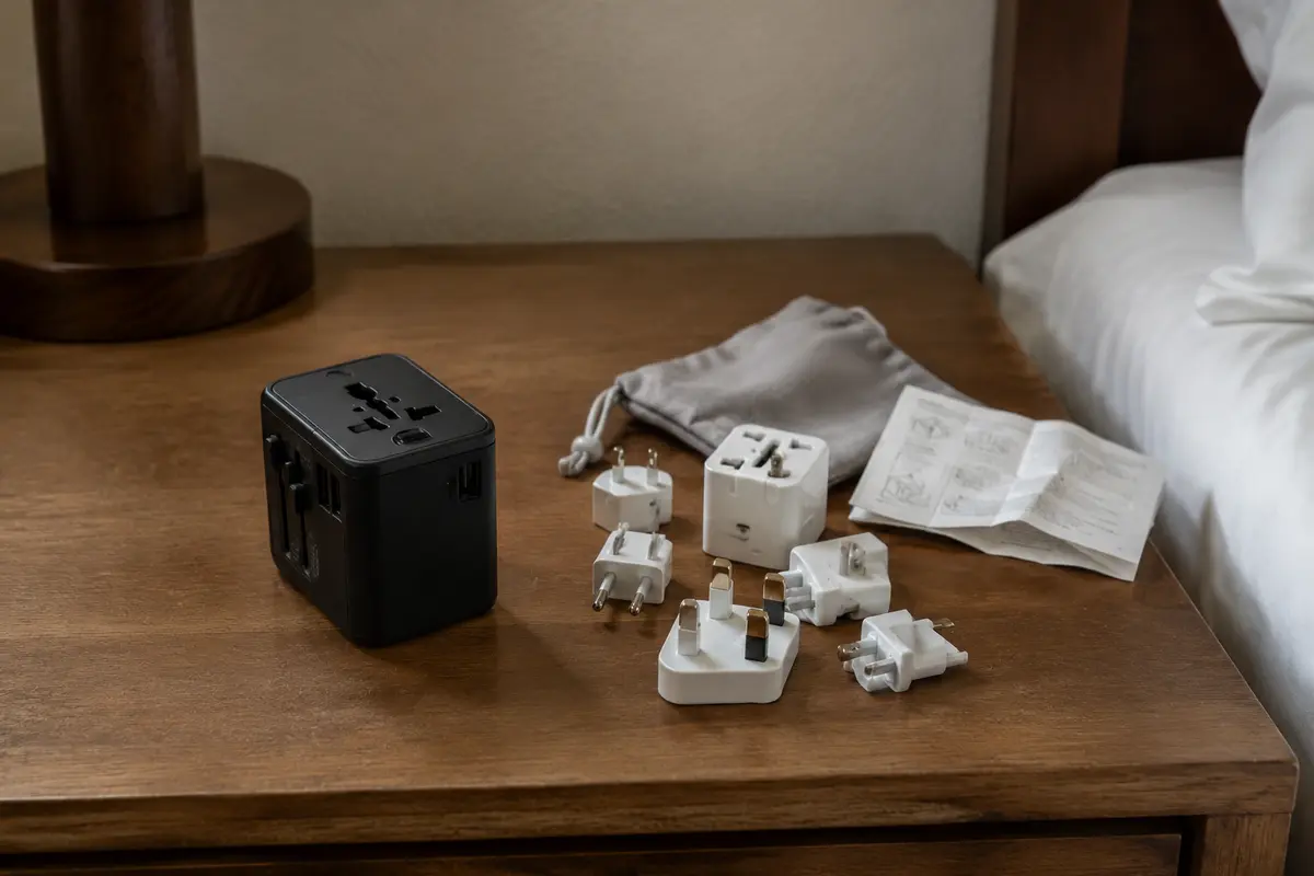 Ein kompakter Reiseadapter neben einem umständlichen Set aus vielen Einzelteilen