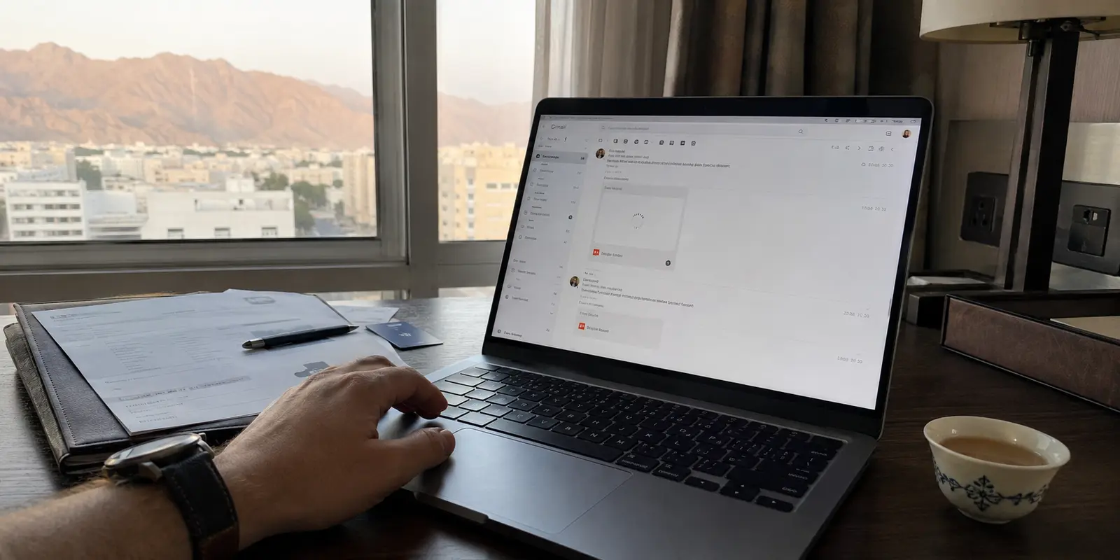 In einem Hotel in Maskat bleibt der Download eines E-Mail-Anhangs auf dem Laptop hängen