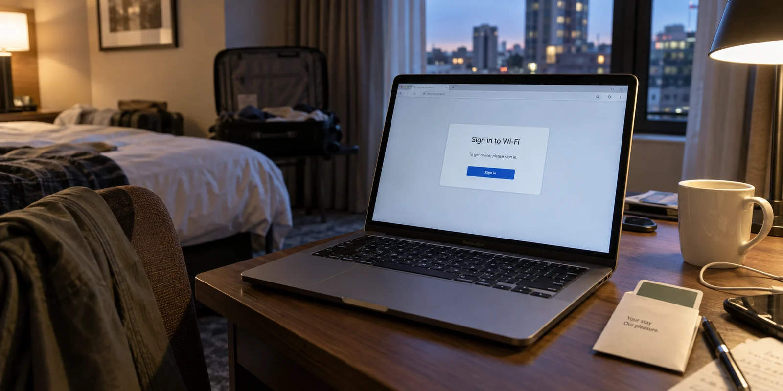 A laptop in a hotel room displaying a Wi-Fi sign-in page before internet access is available.