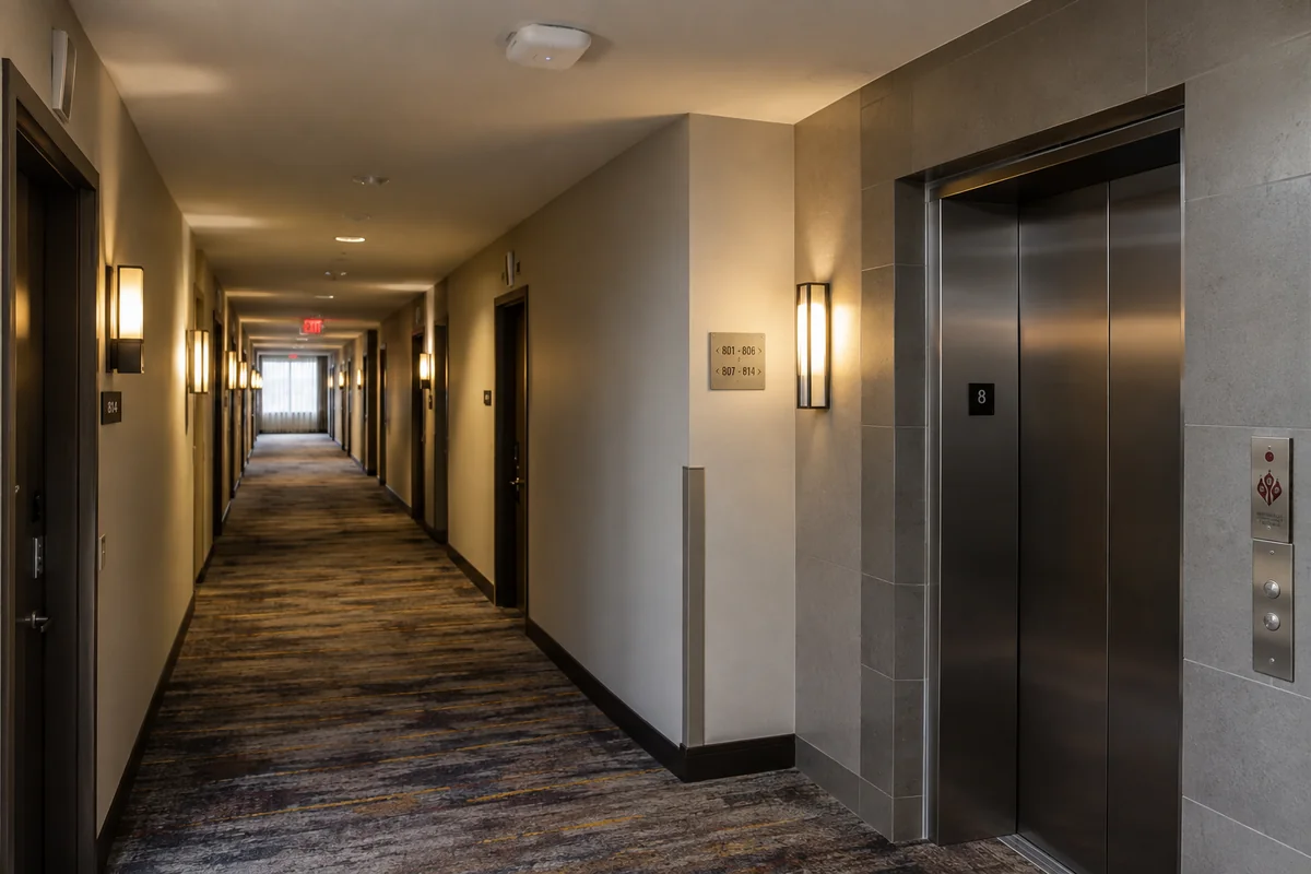 A hotel corridor beside an elevator with a ceiling-mounted Wi-Fi access point.