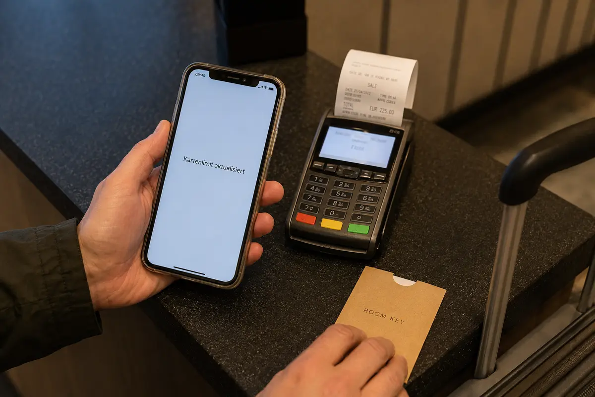 Aktualisiertes Kartenlimit auf dem Smartphone neben einem Kartenleser