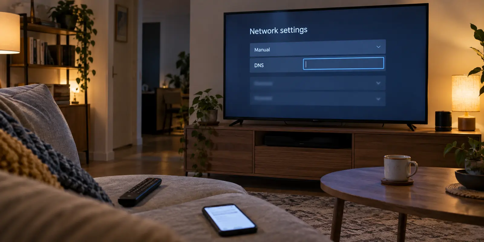 A living-room television displaying an empty DNS field in its manual network settings