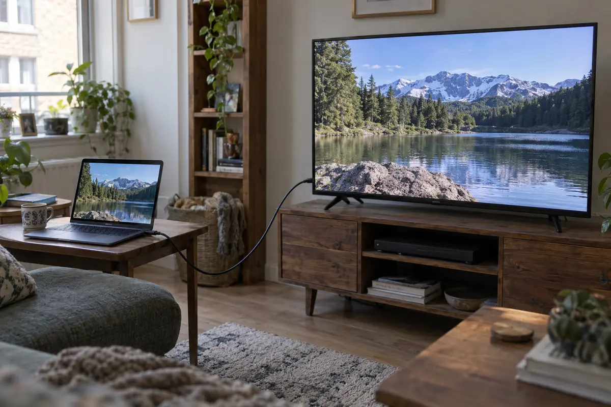 A laptop connected to a living-room television by an HDMI cable, with the same video on both screens