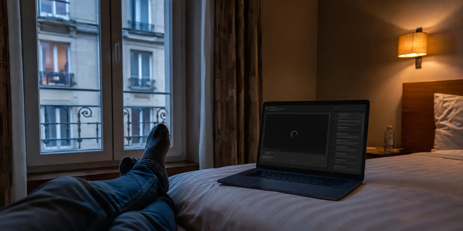 Ordinateur portable dont le direct reste en chargement dans une chambre d’hôtel en France