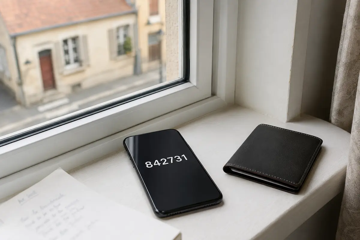 Code de vérification à six chiffres affiché sur un téléphone dans un hôtel en France
