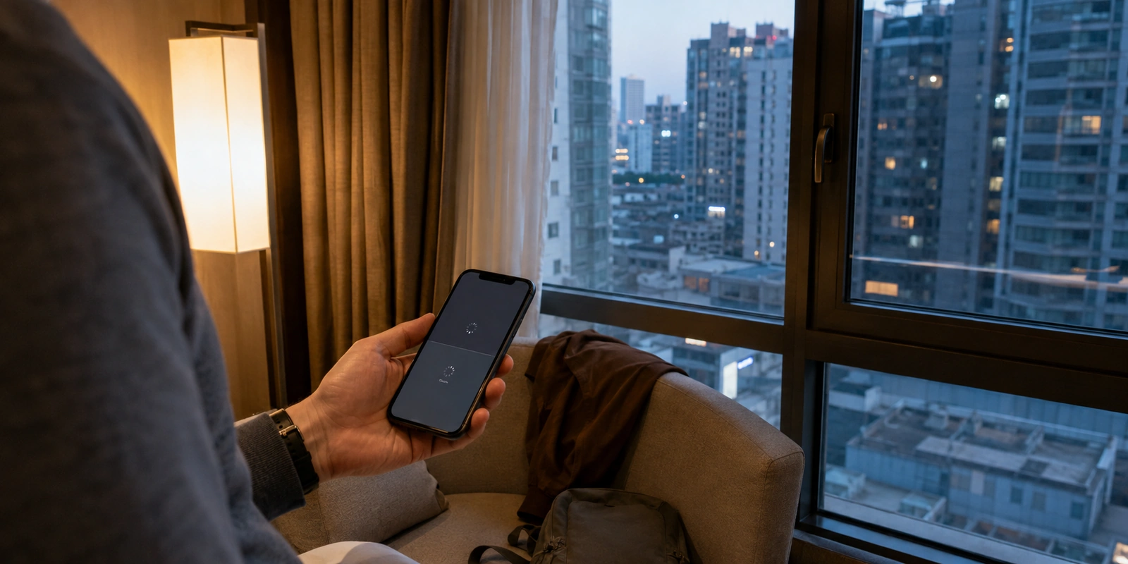 Voyageur dans une chambre d’hôtel à Shanghai tenant un téléphone dont les services restent en chargement sur le Wi-Fi local
