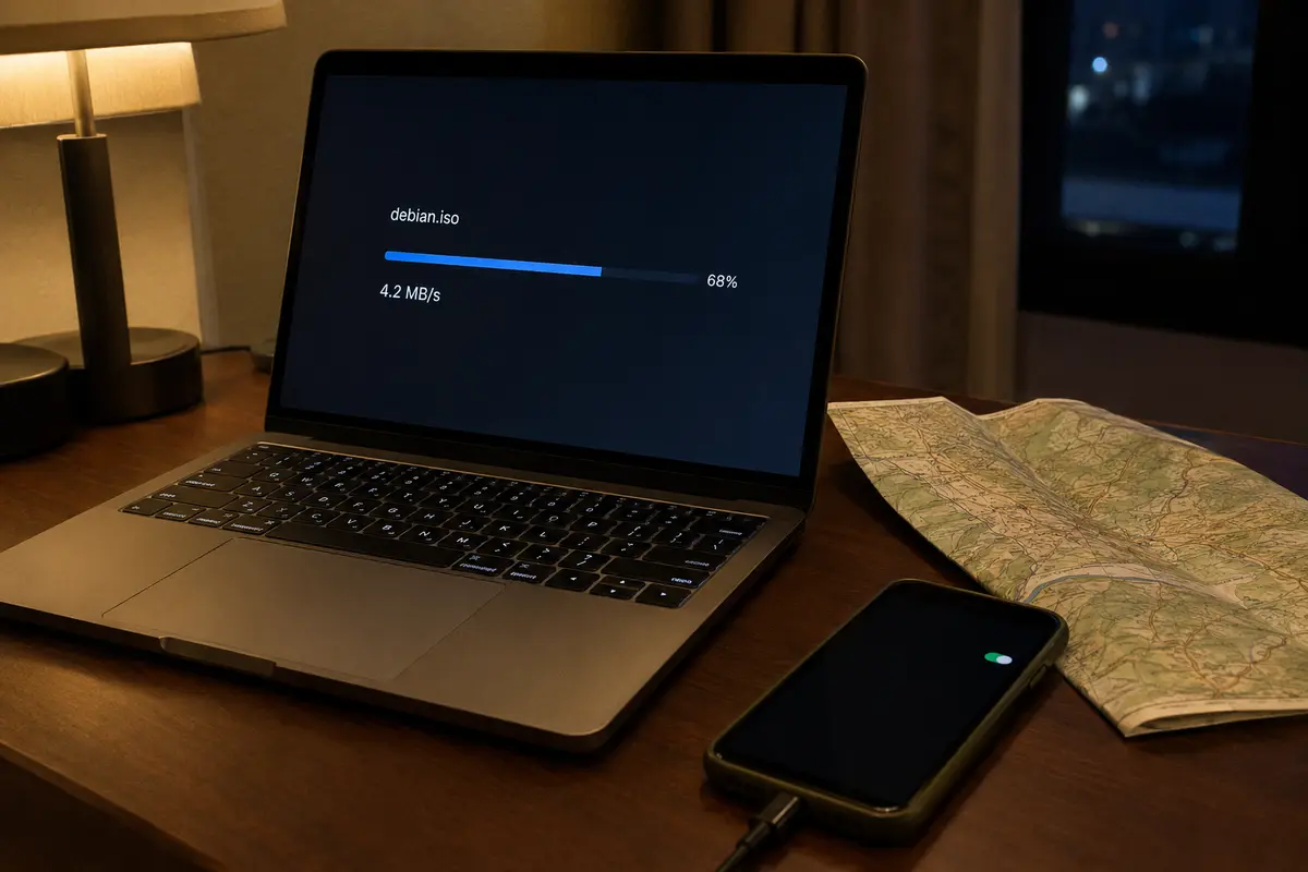 Der Debian-Download läuft am Laptop weiter, während das Smartphone den mobilen Hotspot bereitstellt.