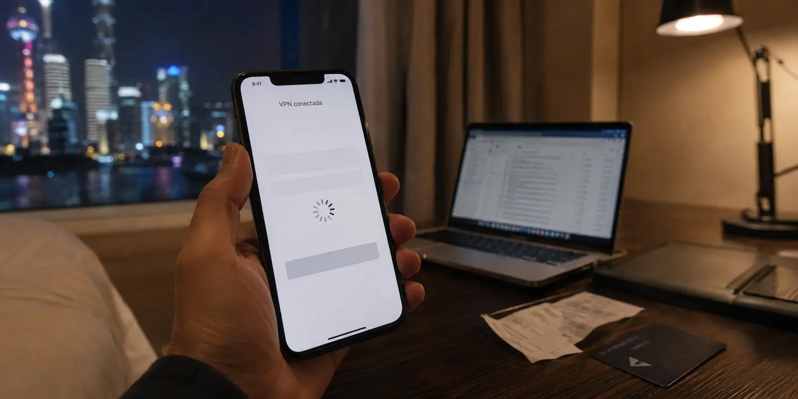 Una aplicación bancaria queda cargando en un teléfono con la VPN conectada desde un hotel de Shanghái