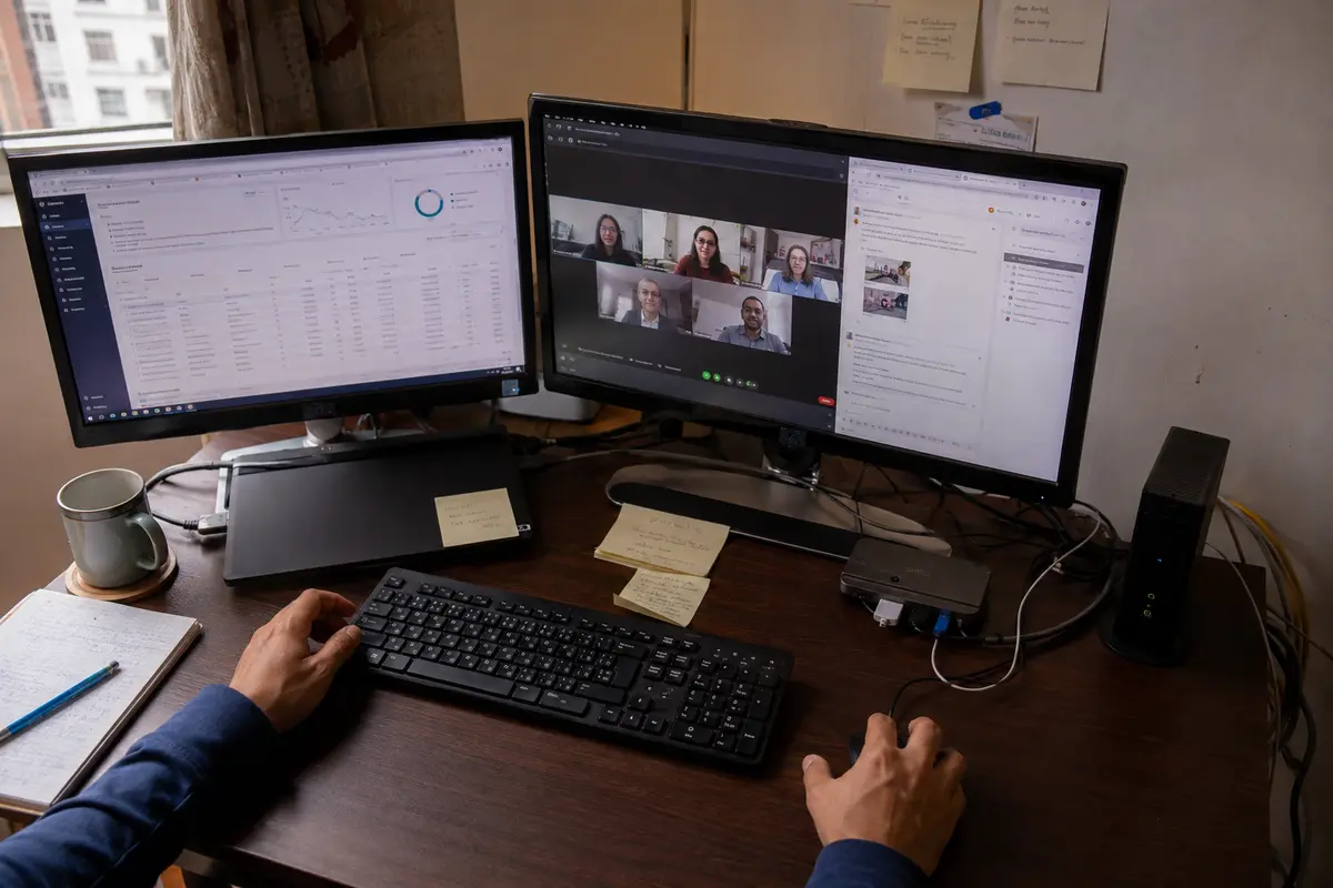Espacio de teletrabajo con un panel corporativo y una videollamada funcionando al mismo tiempo