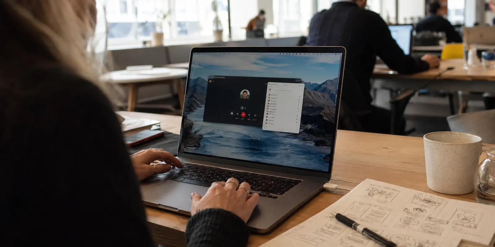 Une graphiste choisit une connexion VPN sur son ordinateur juste avant une visioconférence dans un espace de coworking