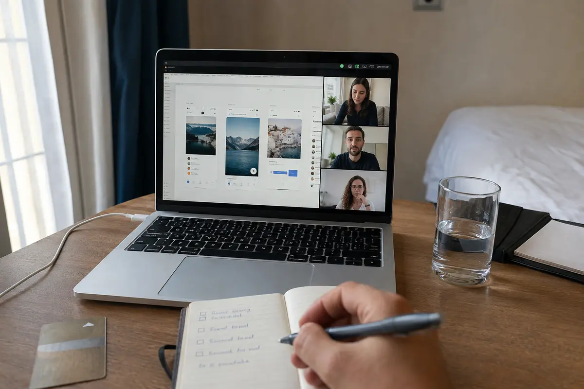 Une visioconférence de travail stable depuis le bureau d’une chambre d’hôtel