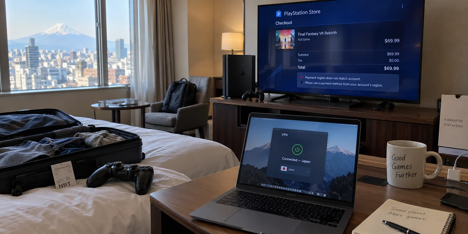 A hotel gaming setup where a VPN is connected through Japan but the PlayStation Store rejects the payment region.