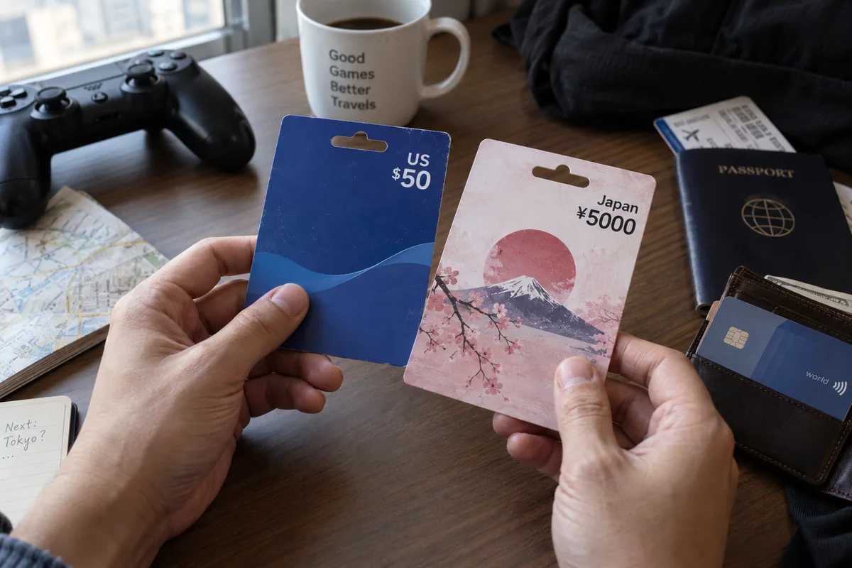 A traveler comparing generic US-dollar and Japanese-yen gaming store gift cards.