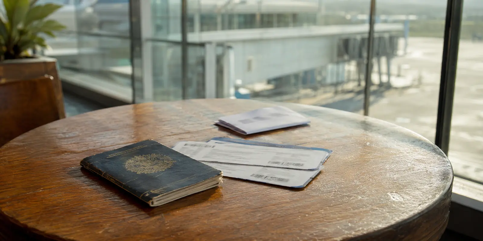 Passaporte brasileiro e documentos de ida e volta sobre uma mesa no aeroporto