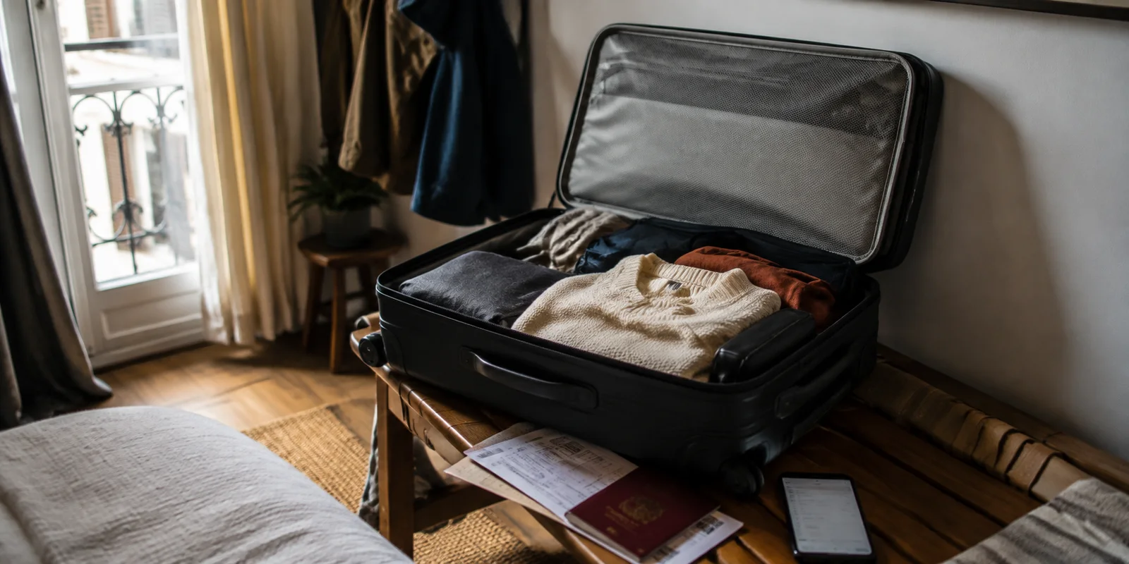 Valise ouverte avec passeport, billets de voyage et téléphone avant un séjour de quelques semaines