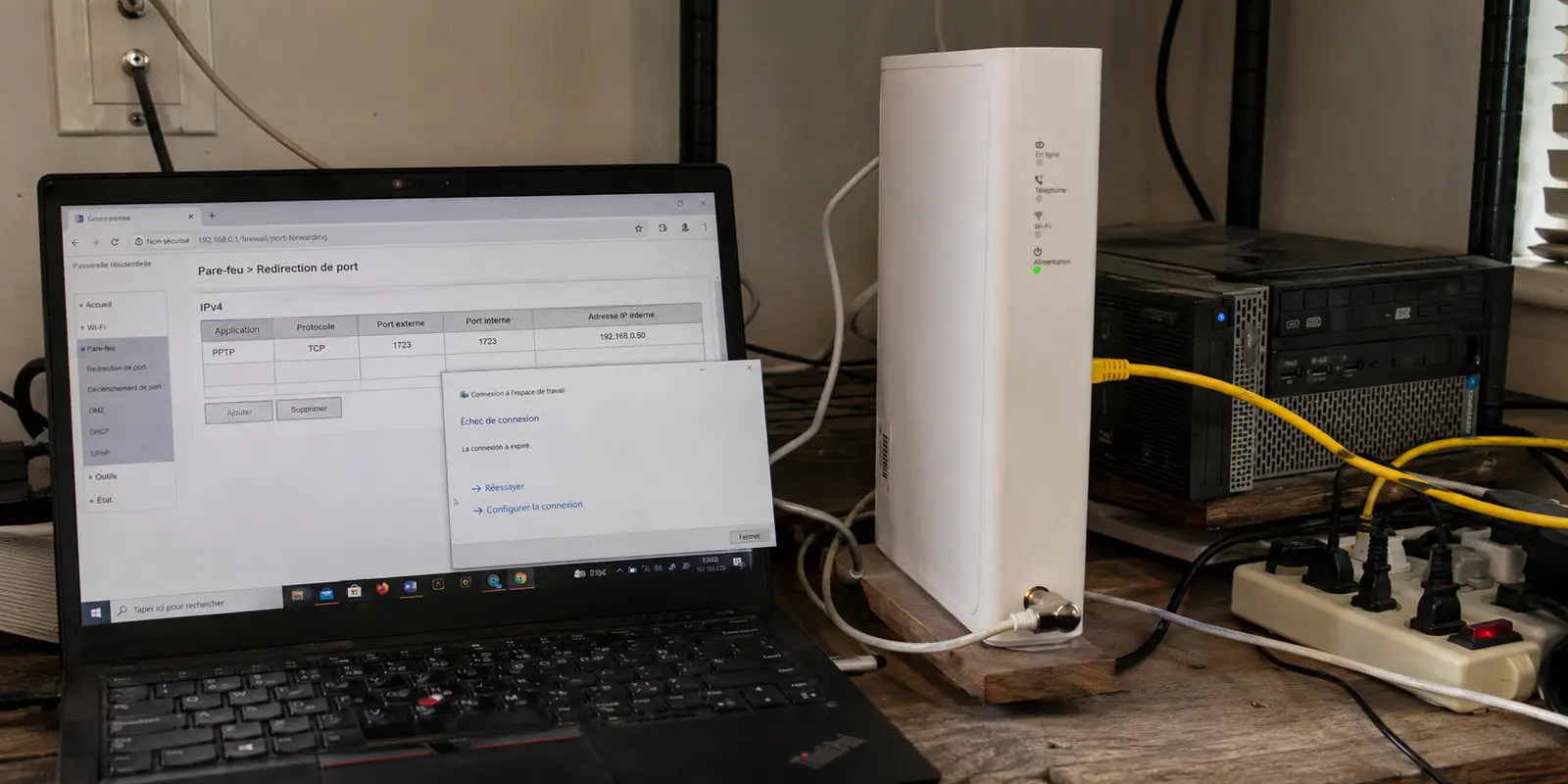 La redirection TCP 1723 est configurée près de la borne, mais la connexion PPTP échoue encore sur l’ordinateur