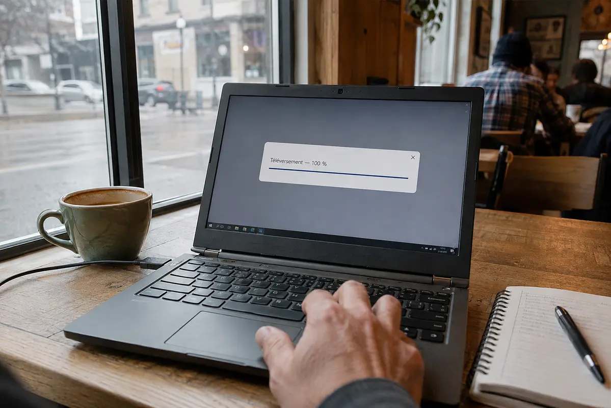 Depuis un café, un fichier termine son téléversement directement sur l’ordinateur sans serveur domestique