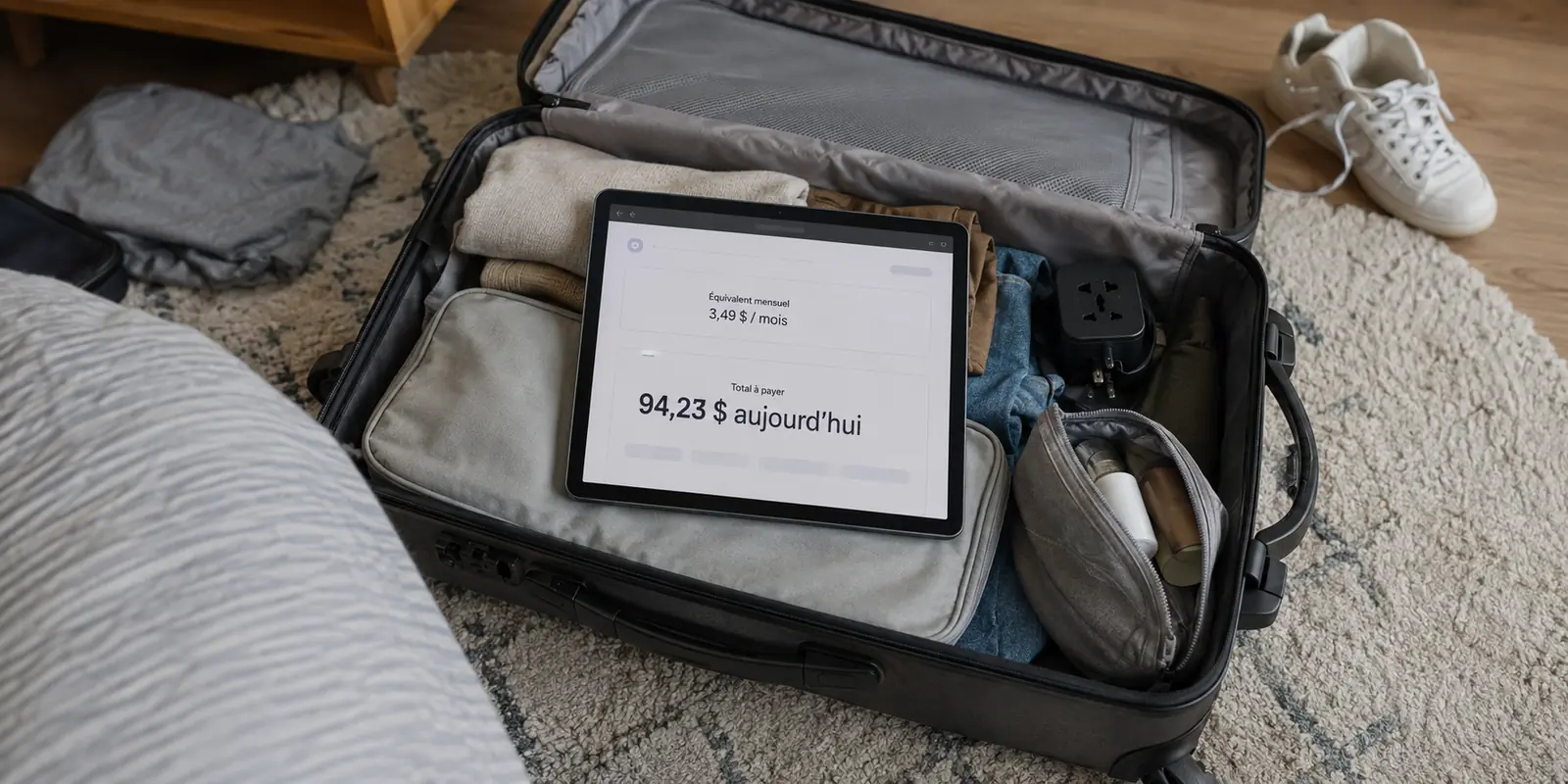 Tablette dans une valise affichant un prix mensuel de VPN et un montant bien plus élevé à payer aujourd’hui