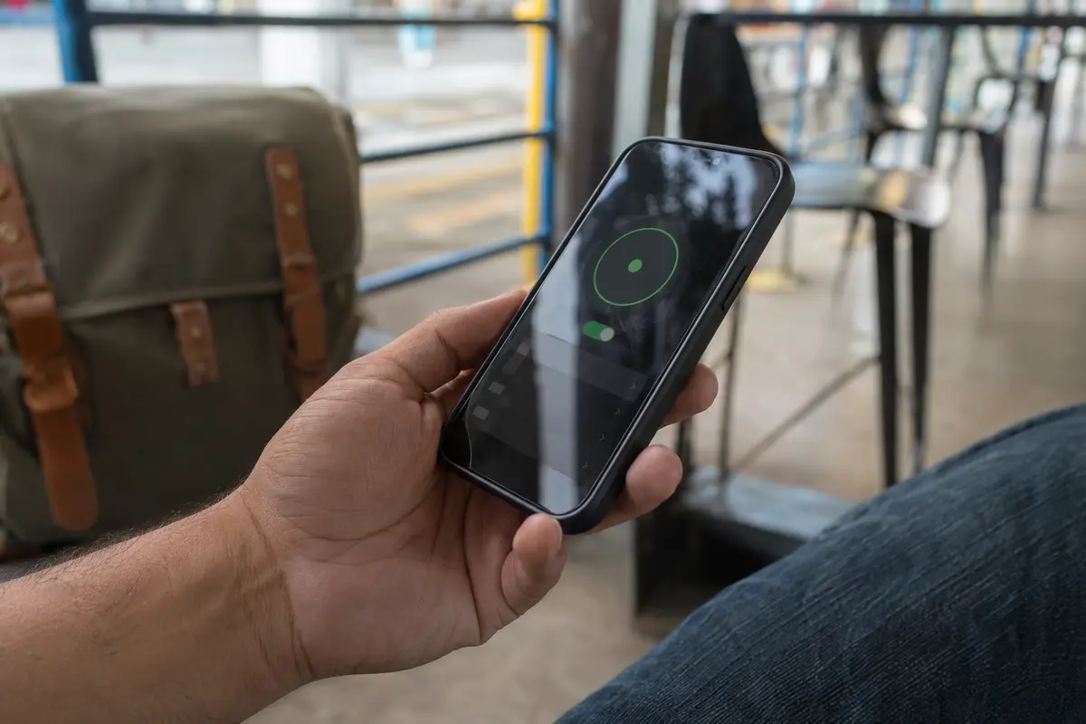 Celular mostrando uma conexão VPN ativa em um ambiente cotidiano