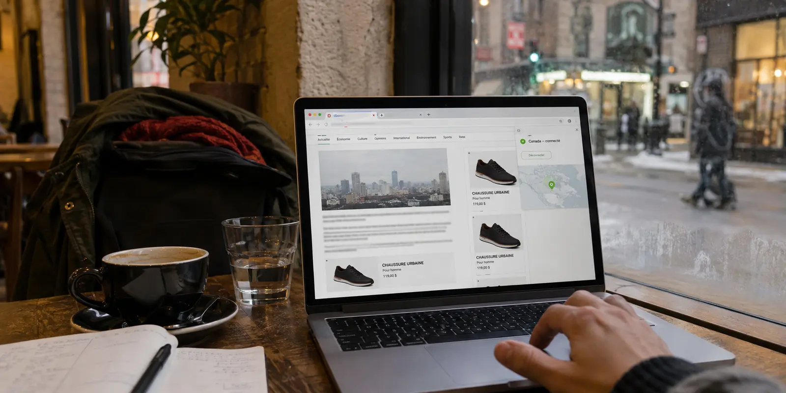 Des publicités pour les mêmes chaussures continuent de suivre la navigation dans un café montréalais malgré un VPN connecté au Canada