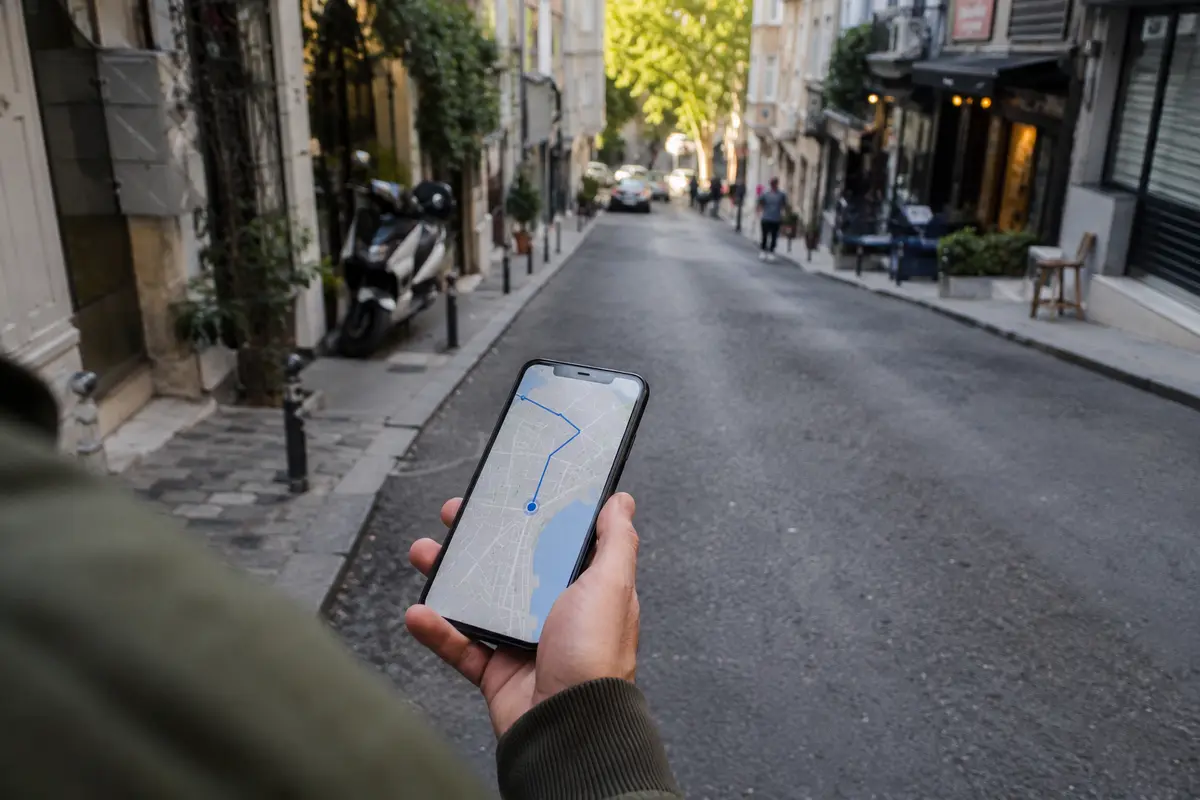Ruta del móvil actualizándose de nuevo al caminar por una calle de Estambul