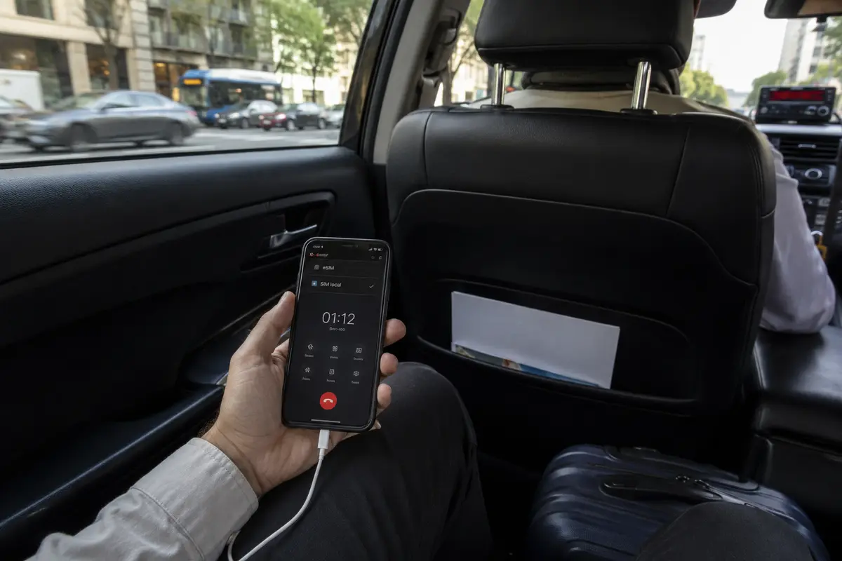 Llamada activa mientras el teléfono cambia de la eSIM a una SIM local en un taxi
