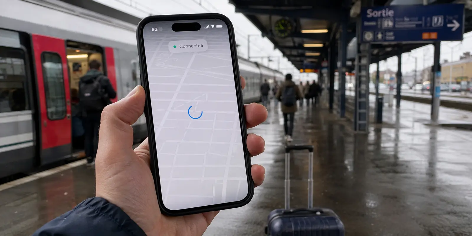 Une carte bloquée sur un téléphone passé du Wi-Fi du train à la 5G alors que le VPN indique encore Connectée
