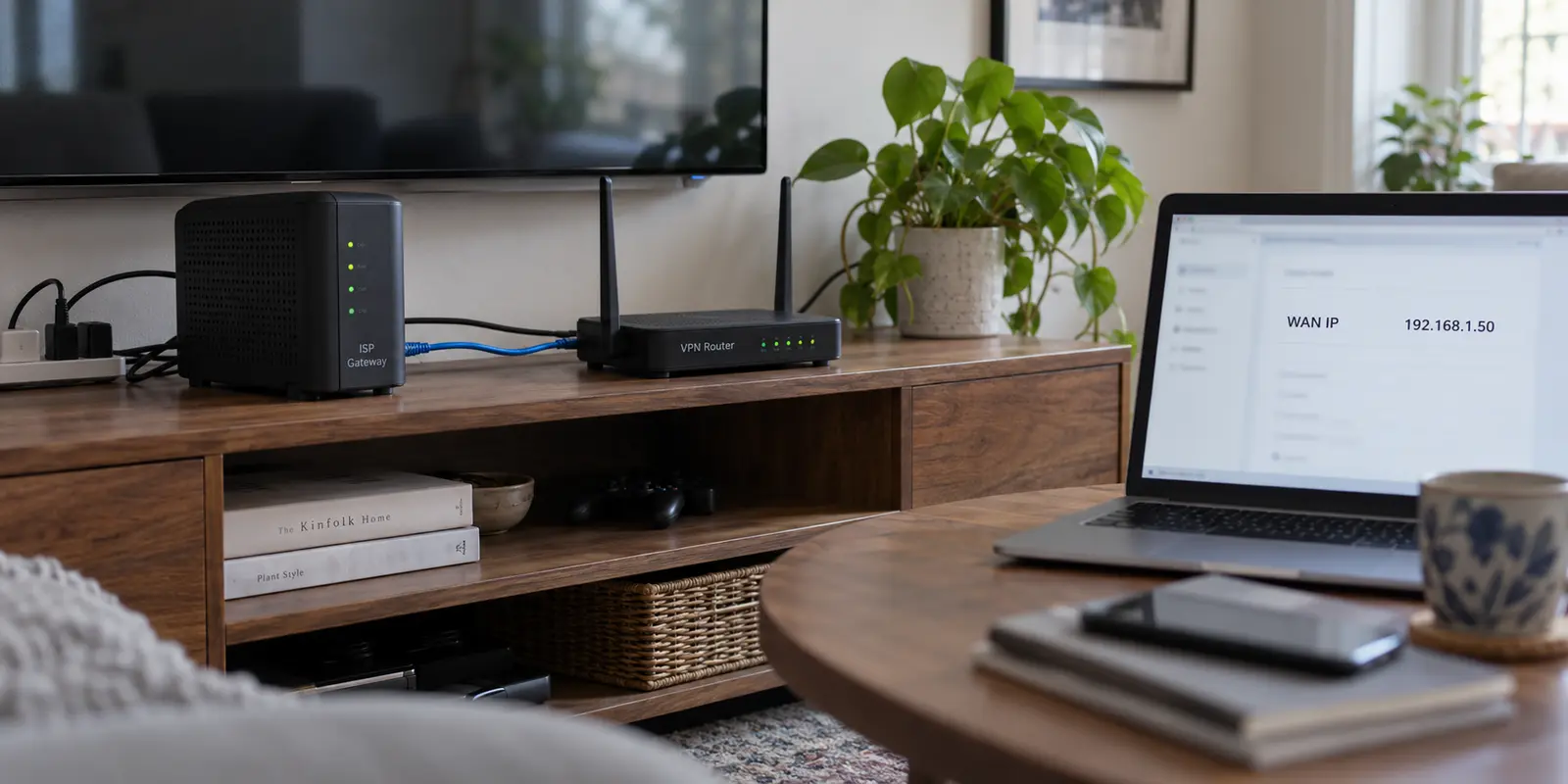 An ISP gateway connected to a VPN router while a laptop shows a private WAN address