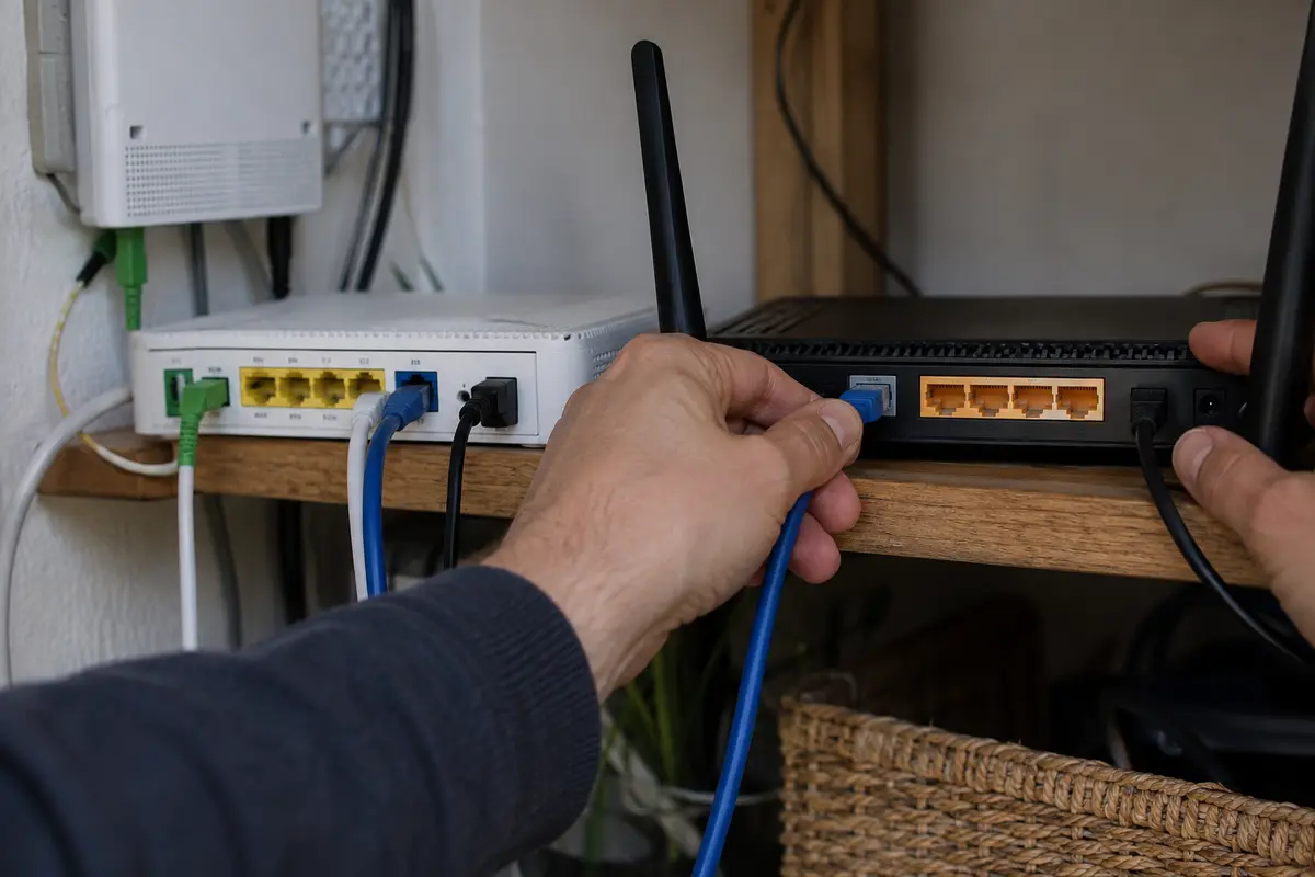 An Ethernet cable being connected from an ISP gateway to a standalone router