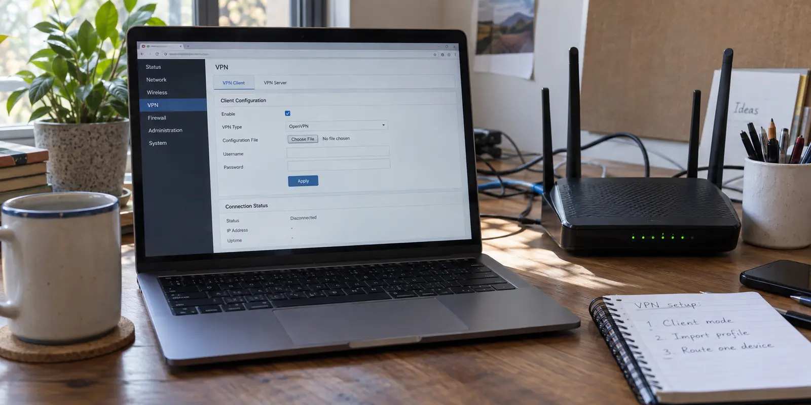 A laptop open to VPN client settings beside a home Wi-Fi router