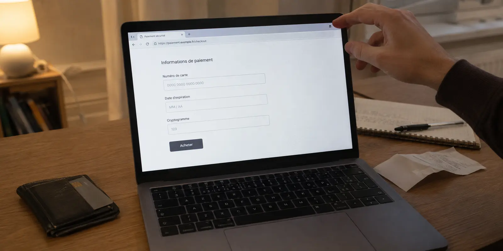 Un formulaire d’achat de VPN demande les données de carte bancaire, tandis que la main de l’utilisateur s’apprête à fermer l’onglet.