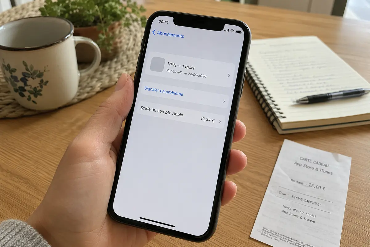 Sur un iPhone, l’abonnement VPN d’un mois, le solde du compte Apple et le lien de signalement sont visibles au même endroit.