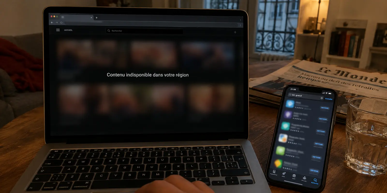 Ordinateur affichant un contenu indisponible en France à côté d'une recherche de VPN gratuits sur téléphone