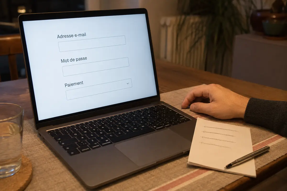 Formulaire d'abonnement demandant une adresse e-mail, un mot de passe et un paiement