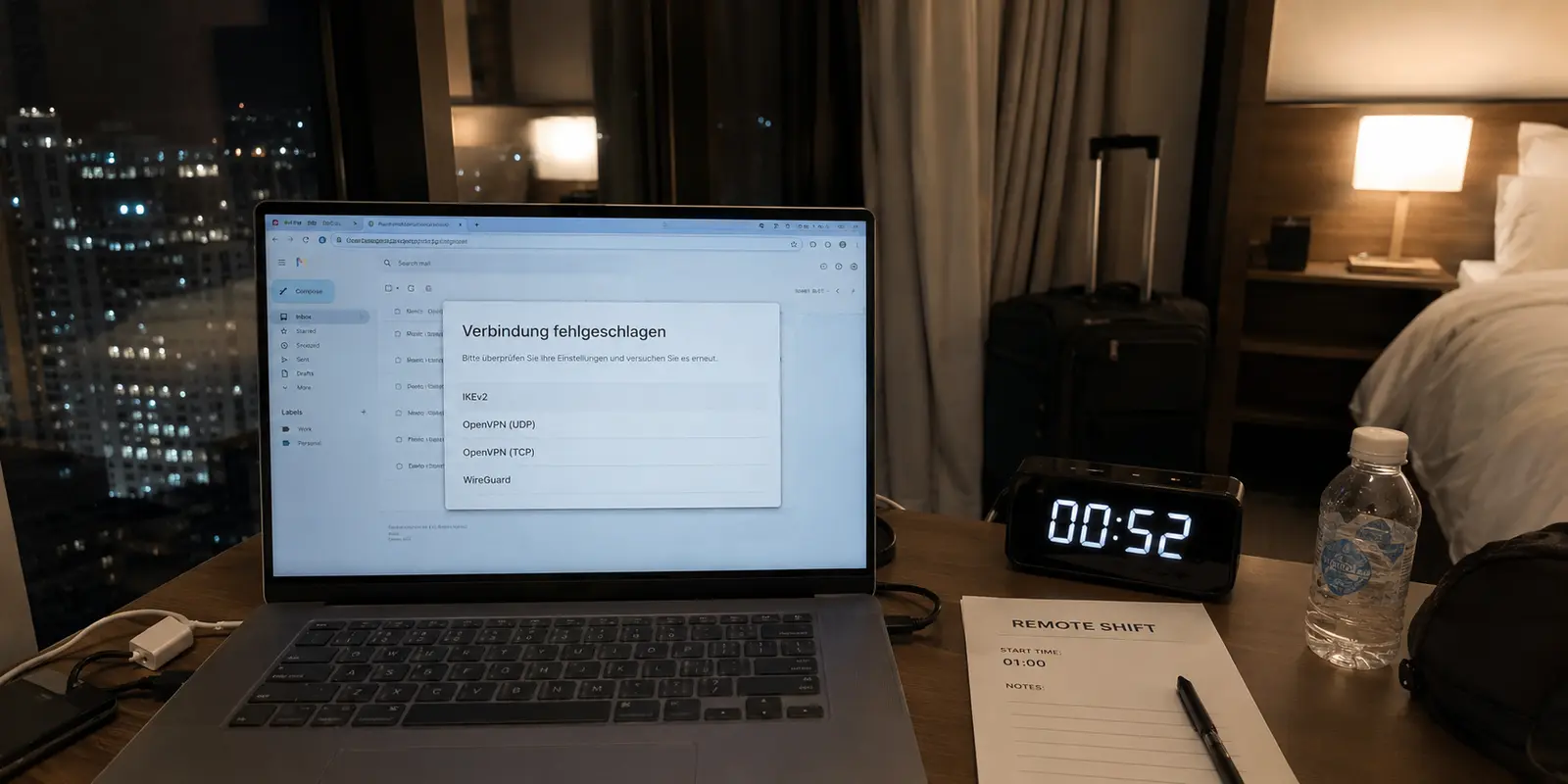 Um 00:52 Uhr scheitert die VPN-Verbindung vor einer Nachtschicht im Hotel