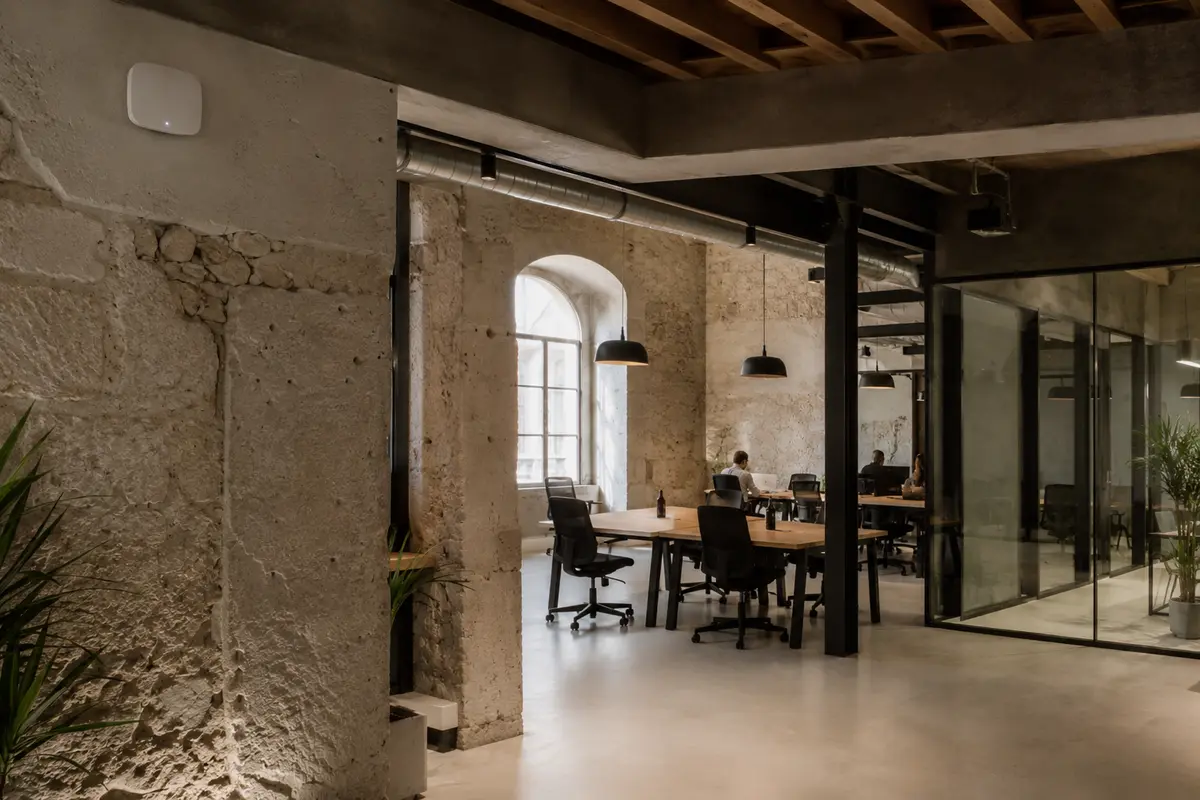 Ponto de acesso Wi-Fi instalado em um espaço de coworking em Lisboa