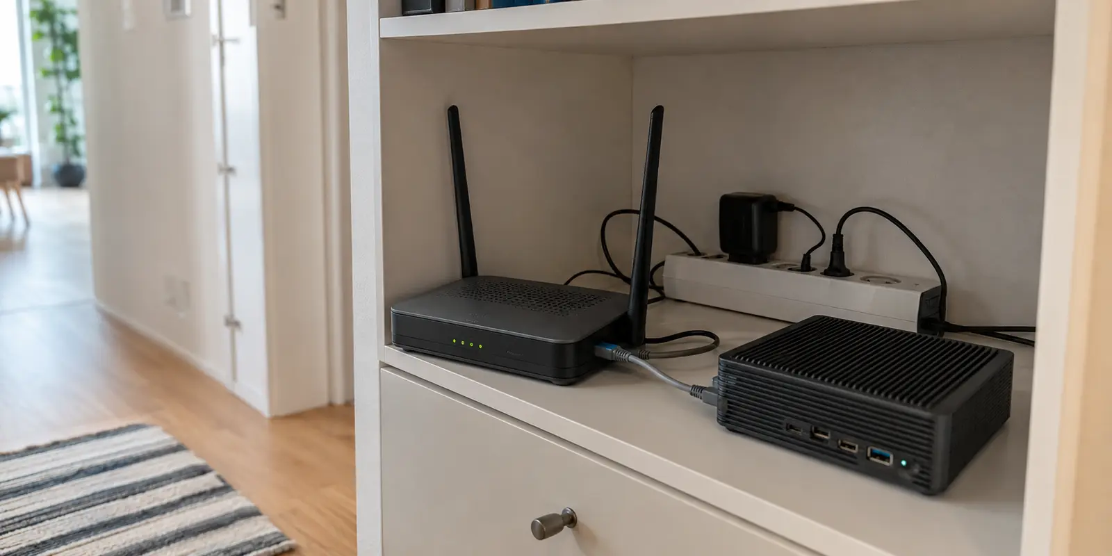 Heimrouter und kleiner VPN-Server auf einem offenen Regal in einer Wohnung