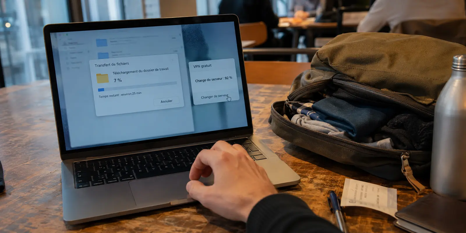 Dans un espace de coworking, un téléchargement reste bloqué à 7 % sur un serveur gratuit chargé à plus de 90 %