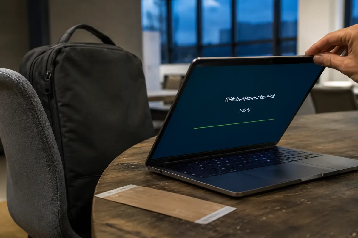 Le téléchargement est terminé à 100 % et l’ordinateur peut enfin être refermé avant le départ