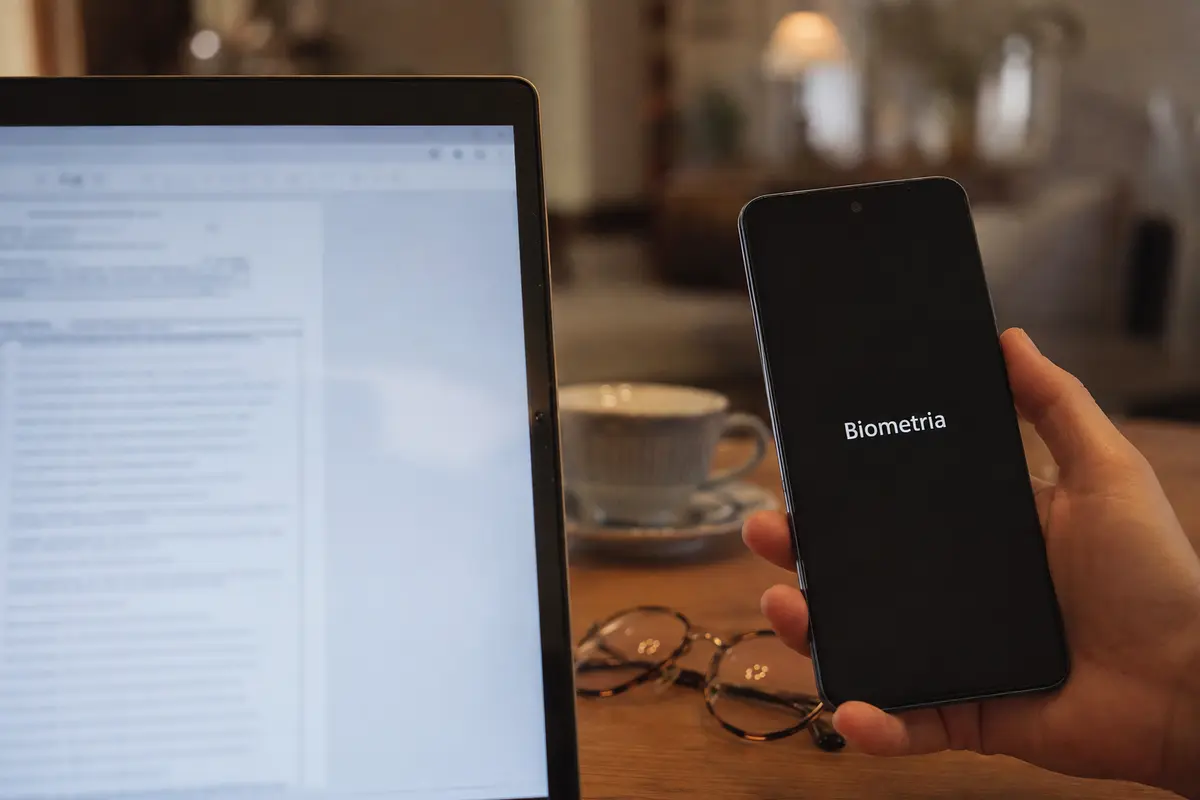 Documento aberto no notebook e celular pronto para autenticação biométrica na tarefa seguinte