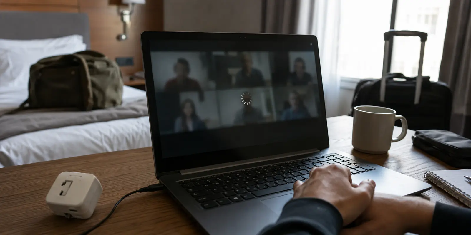 Notebook em uma chamada de vídeo interrompida no quarto de um hotel durante uma viagem