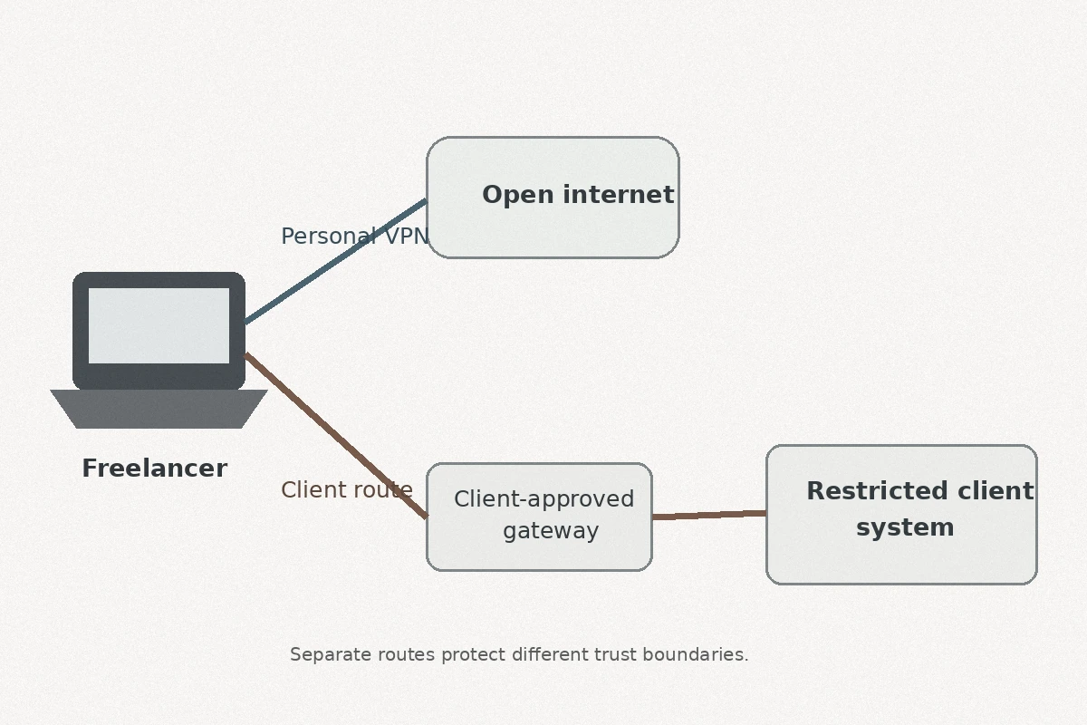 Diagram showing a freelancer using a personal VPN for the open internet and a separate client-approved gateway for restricted systems.