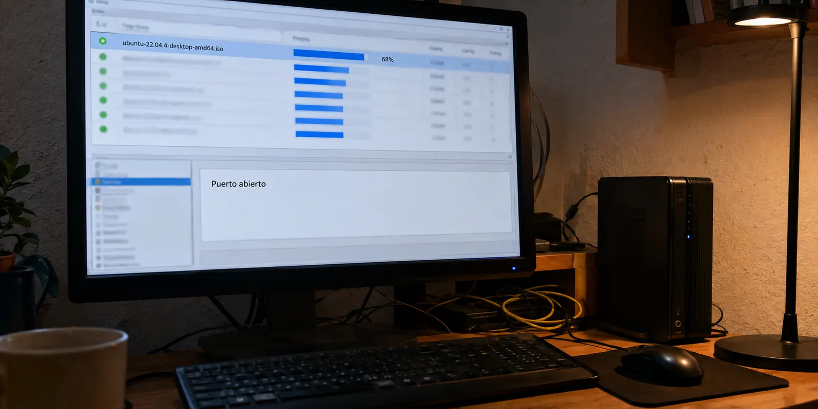 Un cliente P2P avanza al 68 % mientras el puerto aparece como abierto en un ordenador de escritorio.