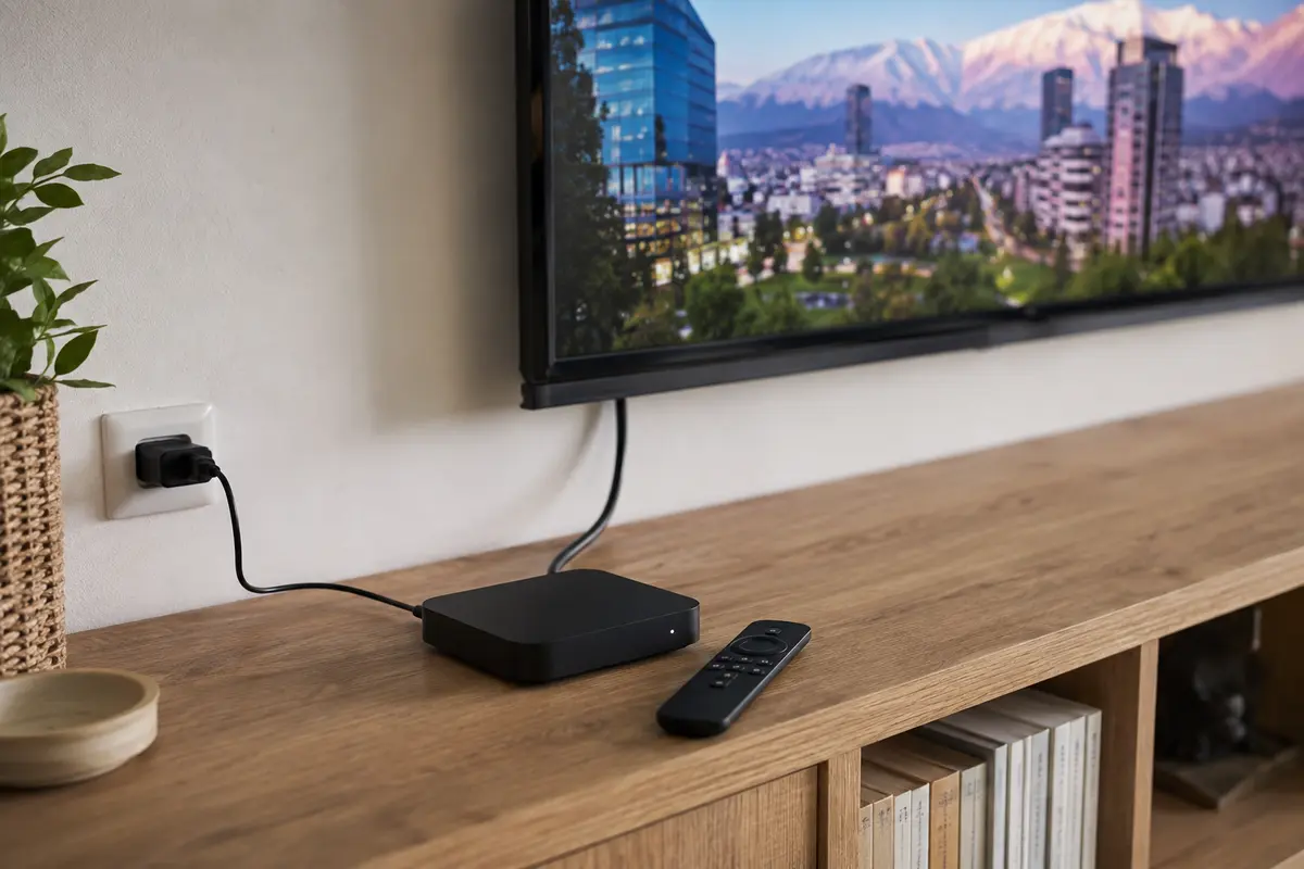 Reproductor externo conectado por HDMI a un televisor que muestra contenido chileno
