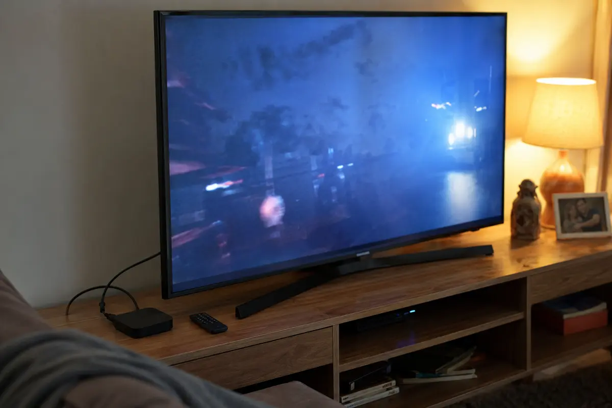 Um pequeno dispositivo HDMI reproduz o conteúdo na televisão da sala